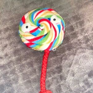 Multicolor Swirl Plush Lollipop Dog Toy with Red Rope